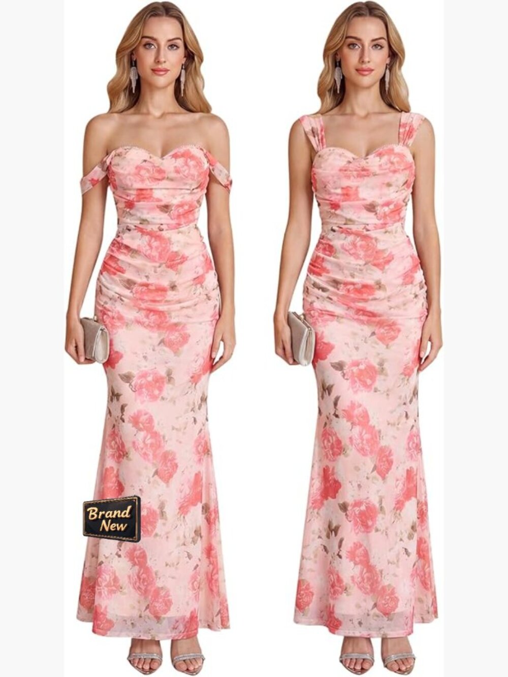 Off Shoulder Floral Corset Maxi Dress Wedding Guest Formal Bodycon Ruched